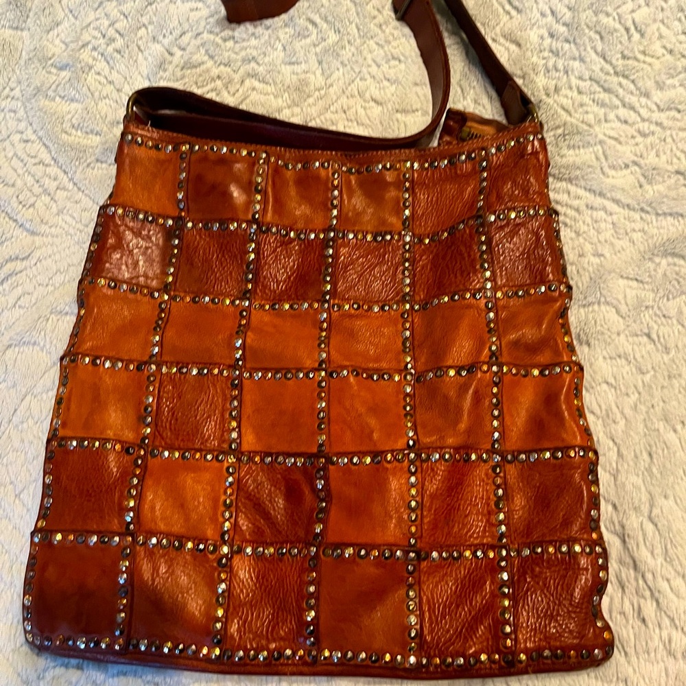 Tan Brown Leather Purse with stud design Made in Italy